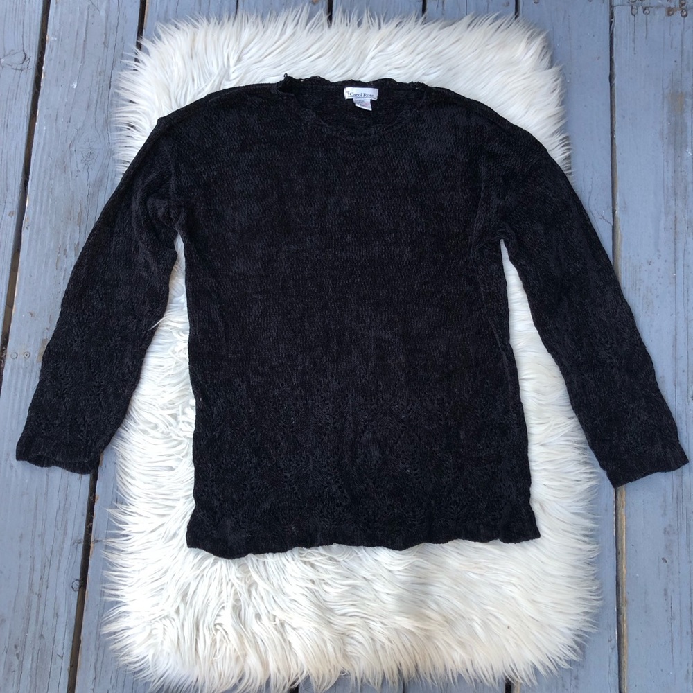 Vintage Carol Rose Eyelet Scalloped Long Sleeves Velvet Black Knit Sweater L